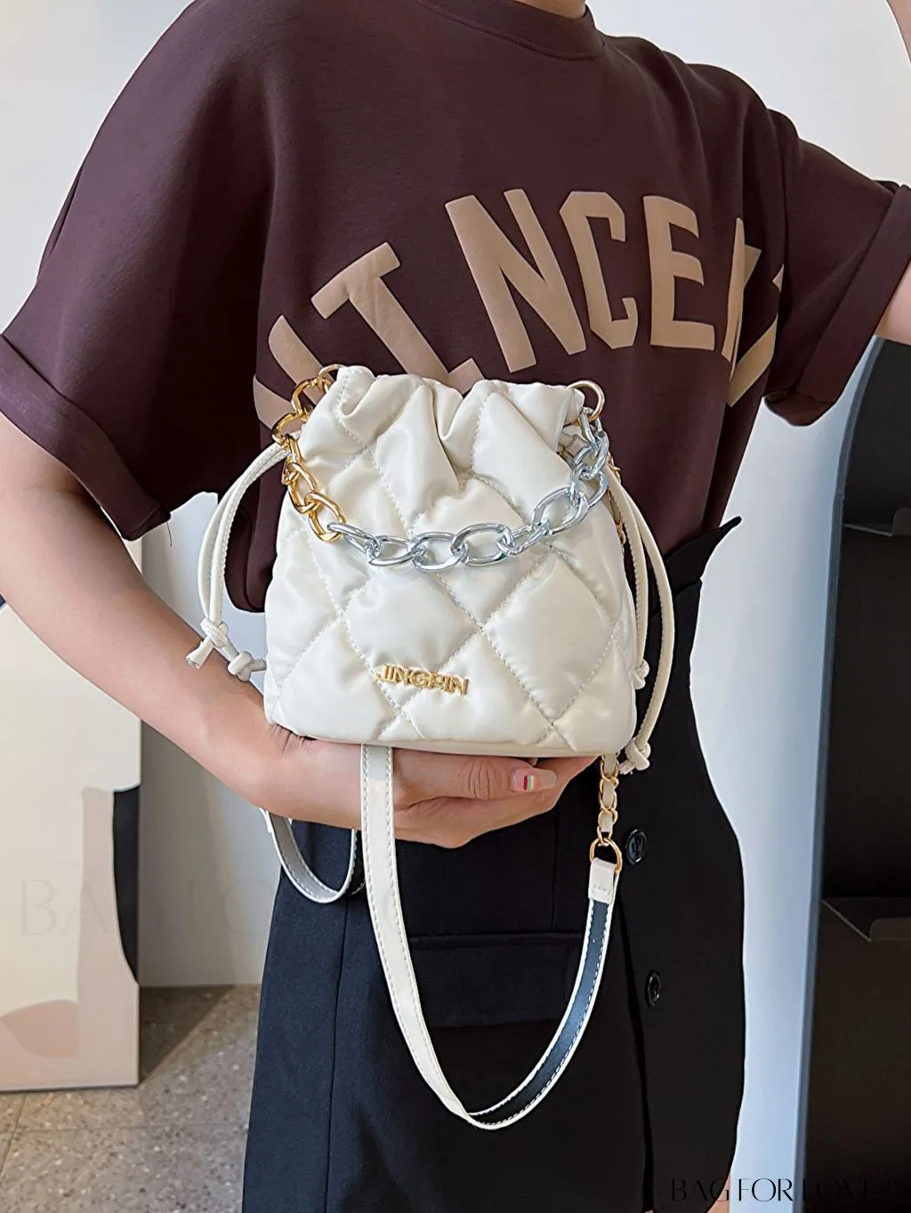 BagForLove - Stylish Womens Chain Bucket Crossbody Handbag - Trendy and Modern Stitched Design