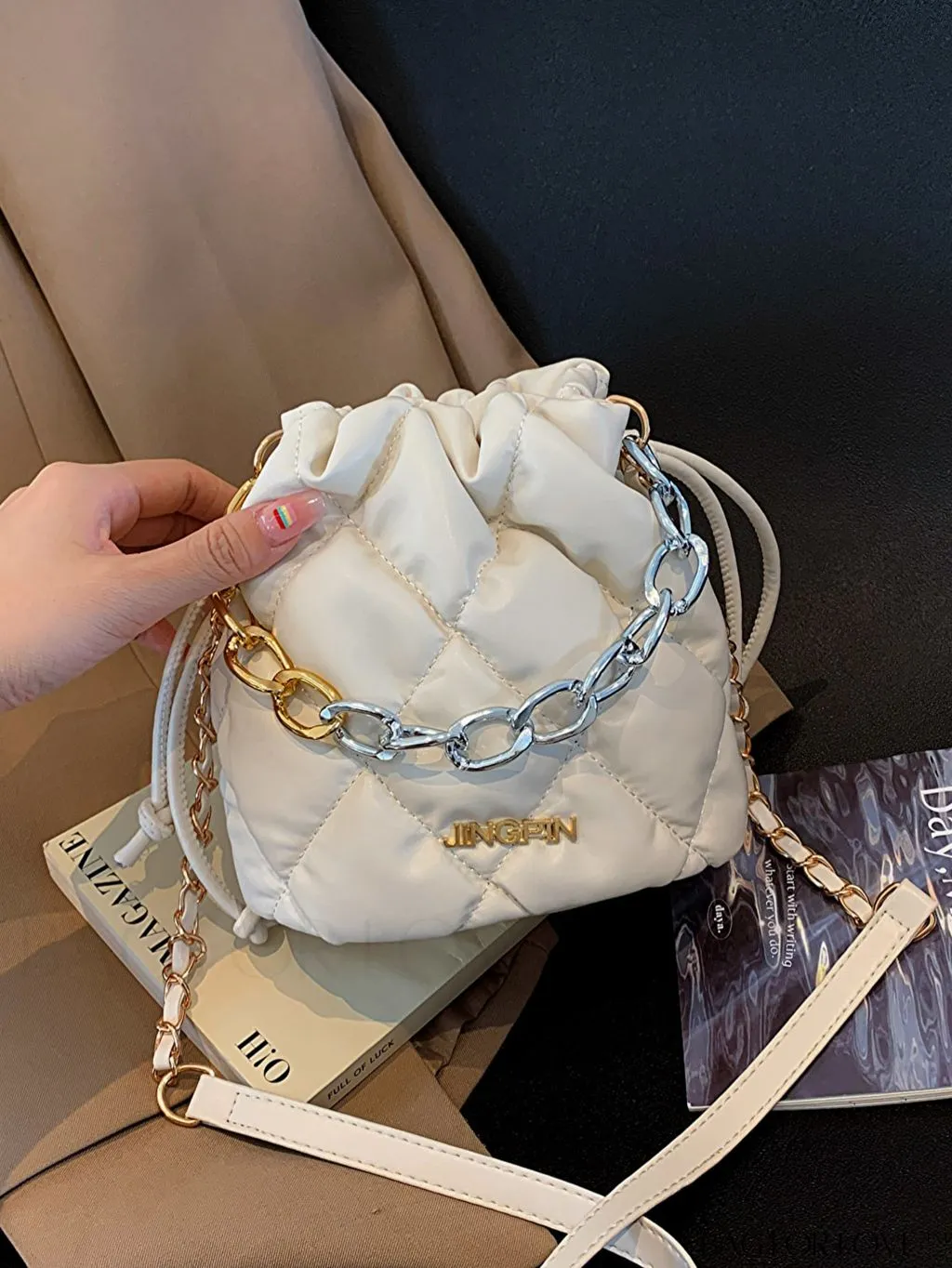 BagForLove - Stylish Womens Chain Bucket Crossbody Handbag - Trendy and Modern Stitched Design