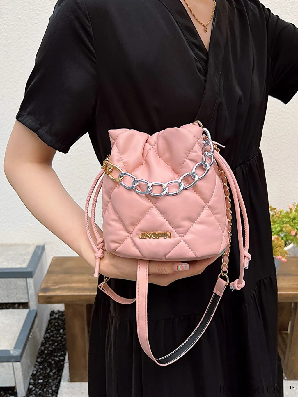BagForLove - Stylish Womens Chain Bucket Crossbody Handbag - Trendy and Modern Stitched Design