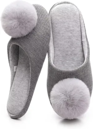 Ballerina Slippers for Women with Pom-pom Soft House Shoes Indoor Slip On with Flexible Rubber Sole