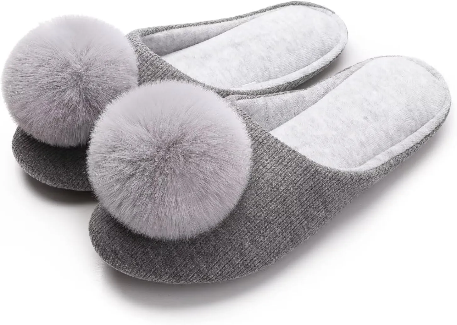 Ballerina Slippers for Women with Pom-pom Soft House Shoes Indoor Slip On with Flexible Rubber Sole