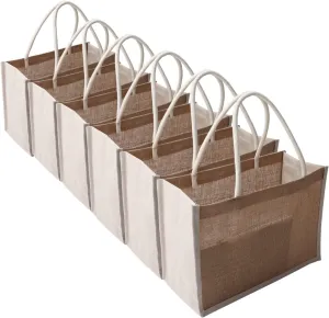 Beach Burlap Gift Bags with Handles - Reusable Grocery Bags, 14.6"x10.6"x7", Pack of 6 for Shopping, Wedding, Embroidery, Crafts, Print, DIY Bridesmaid Favors, Pool, Travel, Party