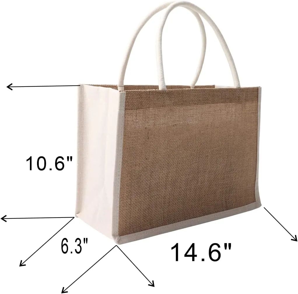 Beach Burlap Gift Bags with Handles - Reusable Grocery Bags, 14.6"x10.6"x7", Pack of 6 for Shopping, Wedding, Embroidery, Crafts, Print, DIY Bridesmaid Favors, Pool, Travel, Party