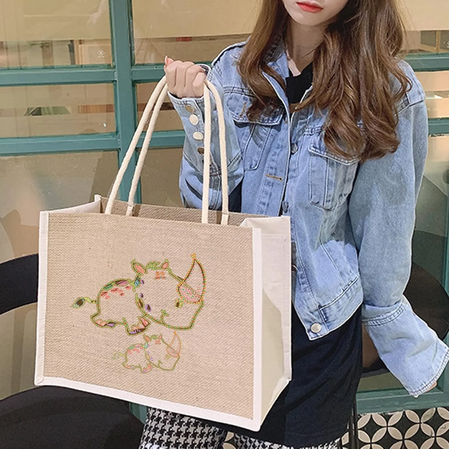 Beach Burlap Gift Bags with Handles - Reusable Grocery Bags, 14.6"x10.6"x7", Pack of 6 for Shopping, Wedding, Embroidery, Crafts, Print, DIY Bridesmaid Favors, Pool, Travel, Party