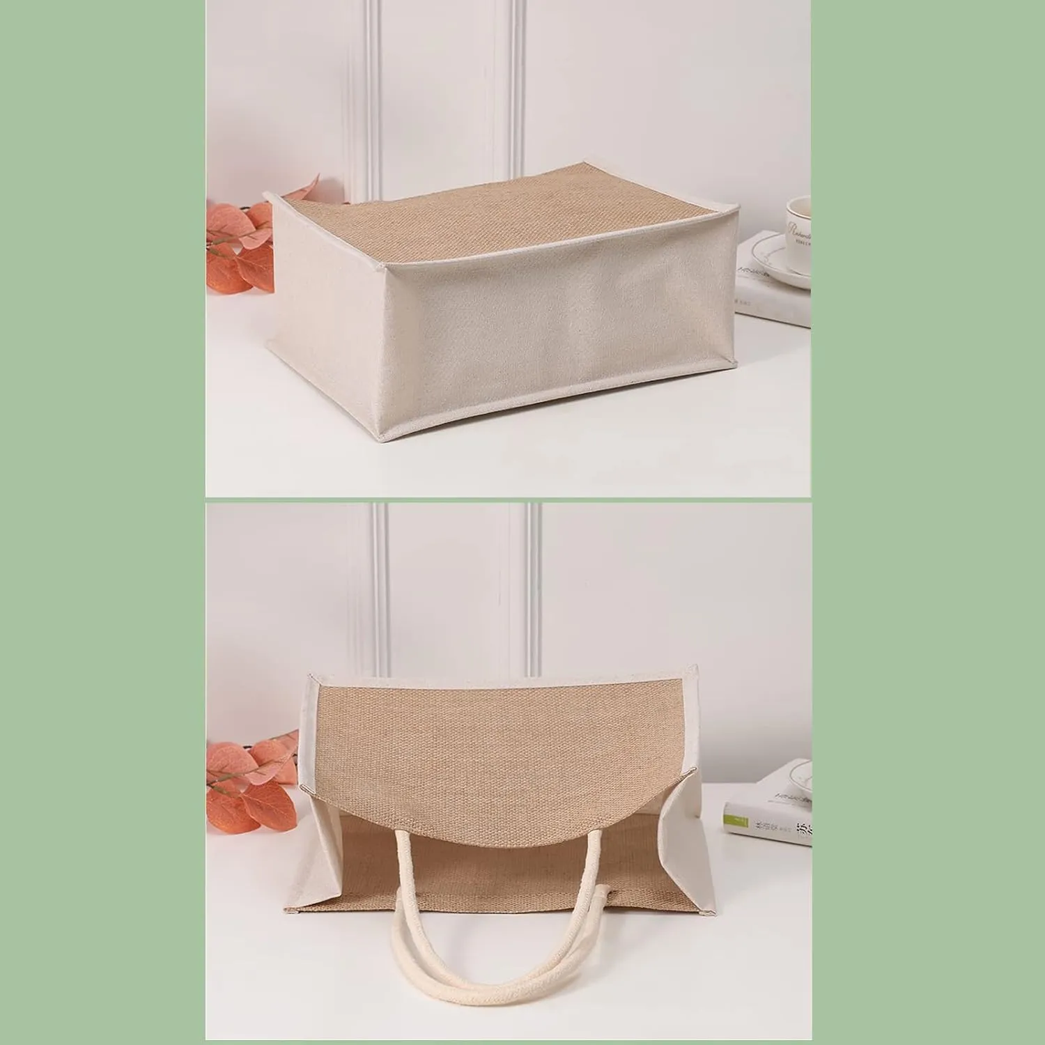 Beach Burlap Gift Bags with Handles - Reusable Grocery Bags, 14.6"x10.6"x7", Pack of 6 for Shopping, Wedding, Embroidery, Crafts, Print, DIY Bridesmaid Favors, Pool, Travel, Party