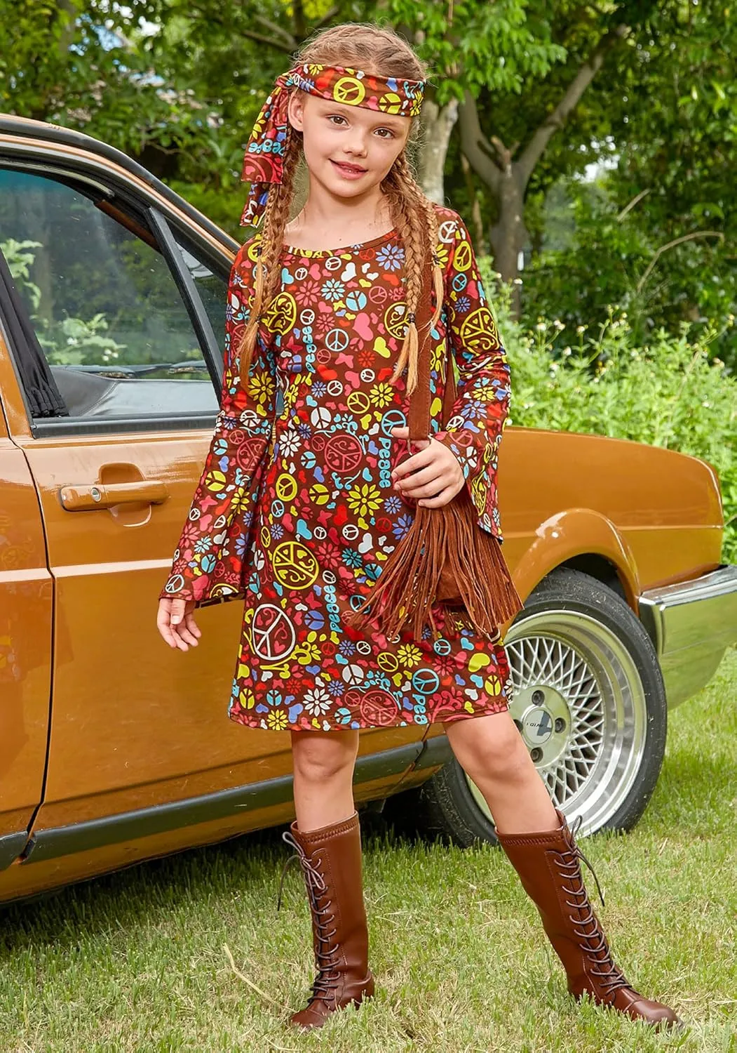 BesserBay Girl's 70s Retro Hippie Bell Sleeve Floral Printed Dress with Headband 4-14 Years