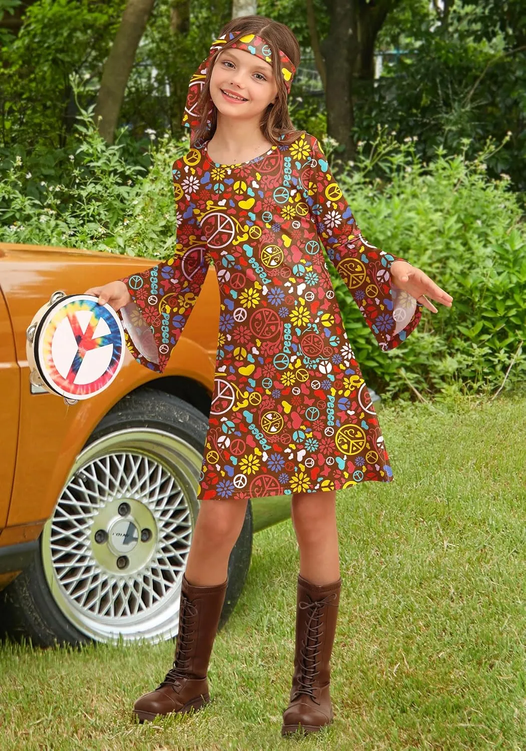 BesserBay Girl's 70s Retro Hippie Bell Sleeve Floral Printed Dress with Headband 4-14 Years
