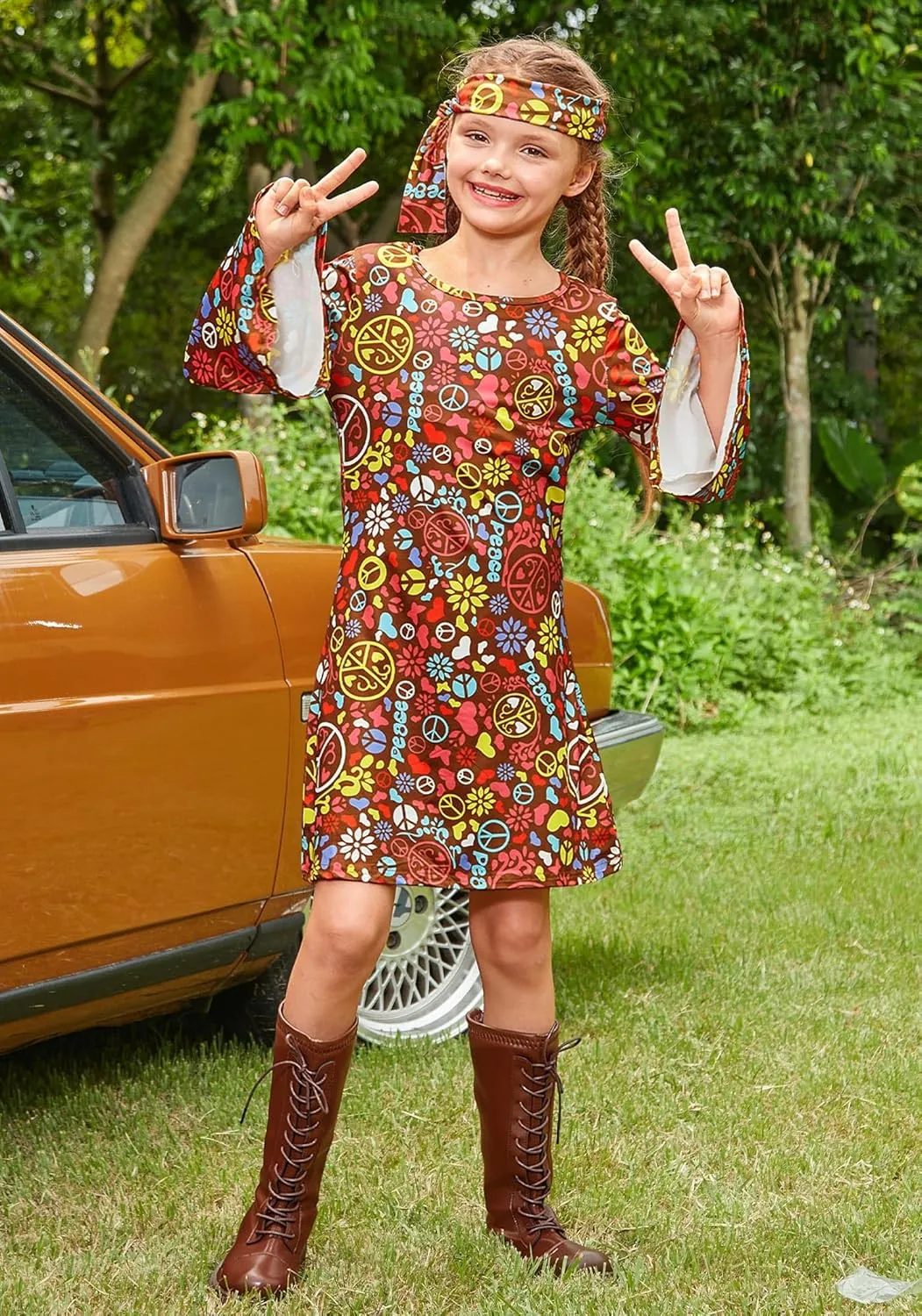 BesserBay Girl's 70s Retro Hippie Bell Sleeve Floral Printed Dress with Headband 4-14 Years
