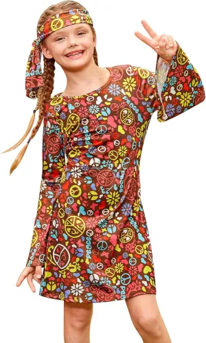BesserBay Girl's 70s Retro Hippie Bell Sleeve Floral Printed Dress with Headband 4-14 Years