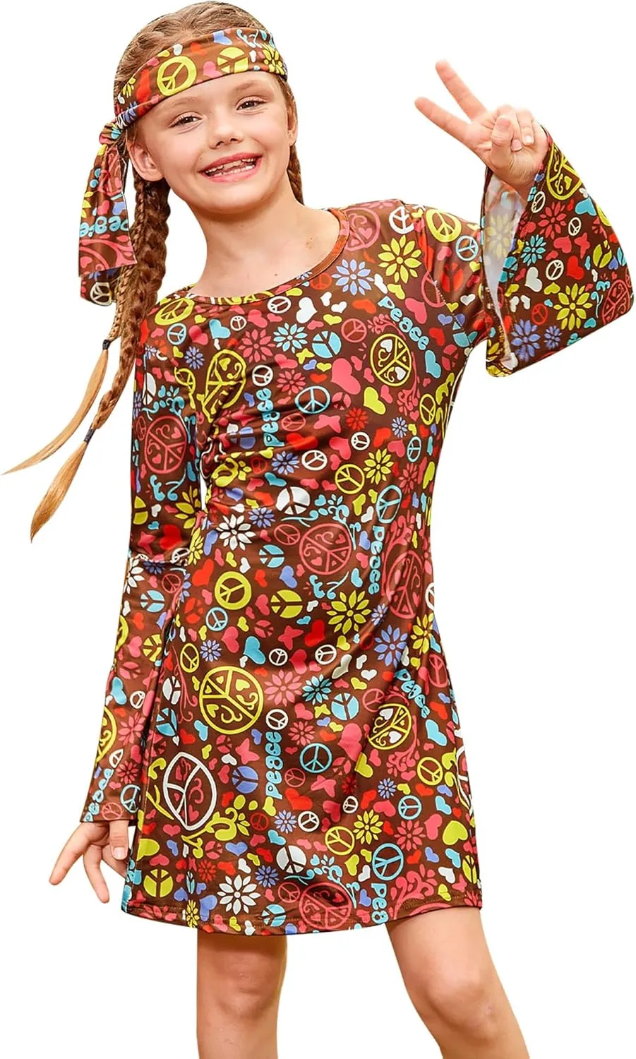 BesserBay Girl's 70s Retro Hippie Bell Sleeve Floral Printed Dress with Headband 4-14 Years