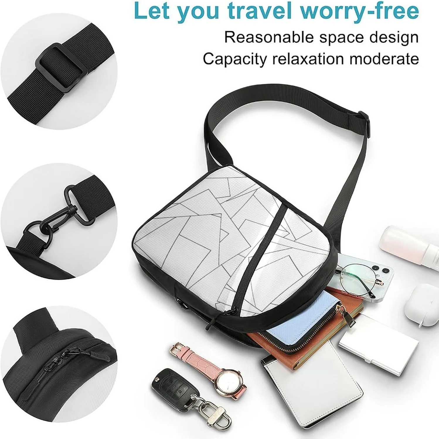 Black And White Geometric Foldable And Space Saving Chest Bag, Large Capacity And Portable Chest Bag