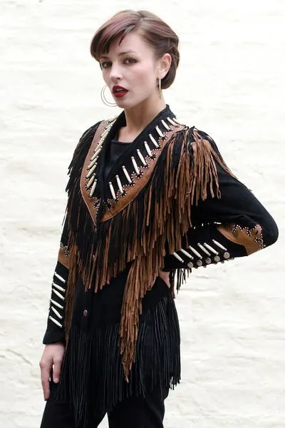 Black Suede Leather Fringe Bone Jacket For Women WWJ716