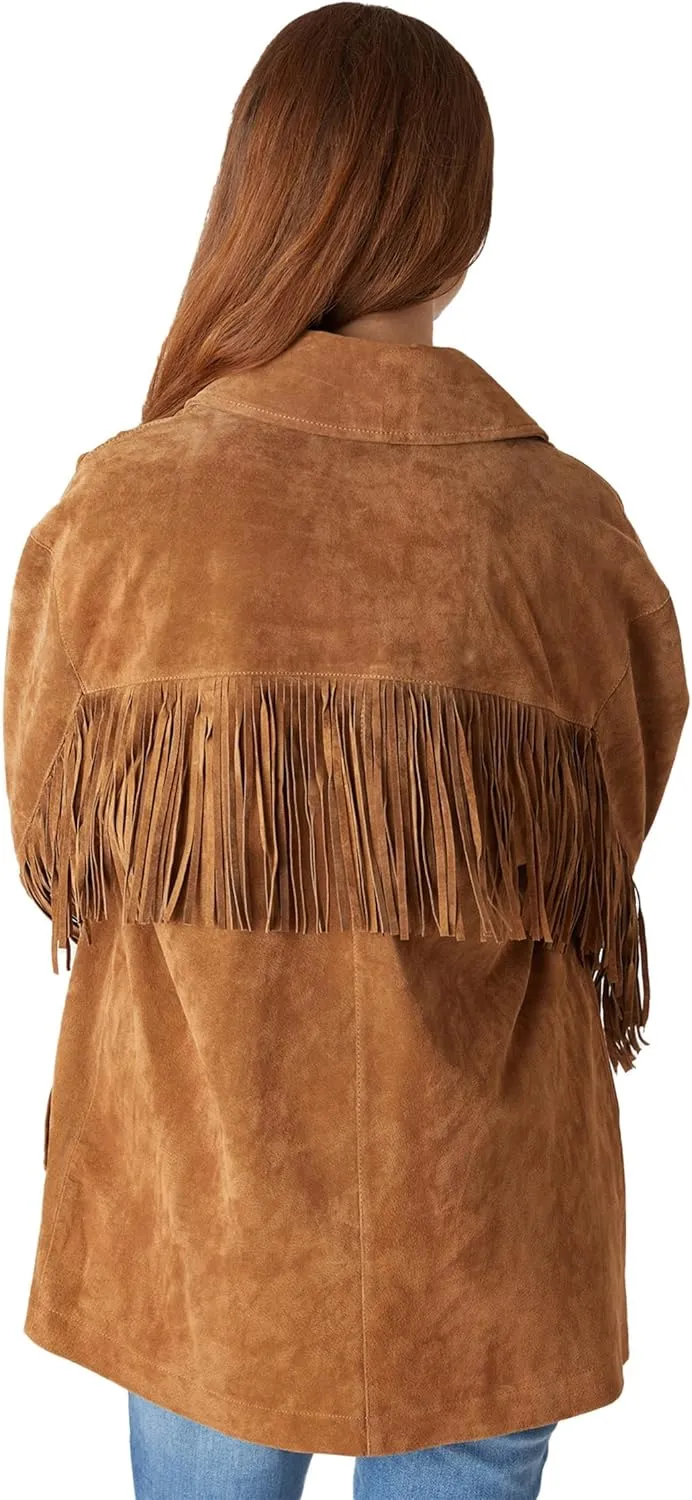 [BLANKNYC] Womens Real Suede Double Breasted Fringe Coat