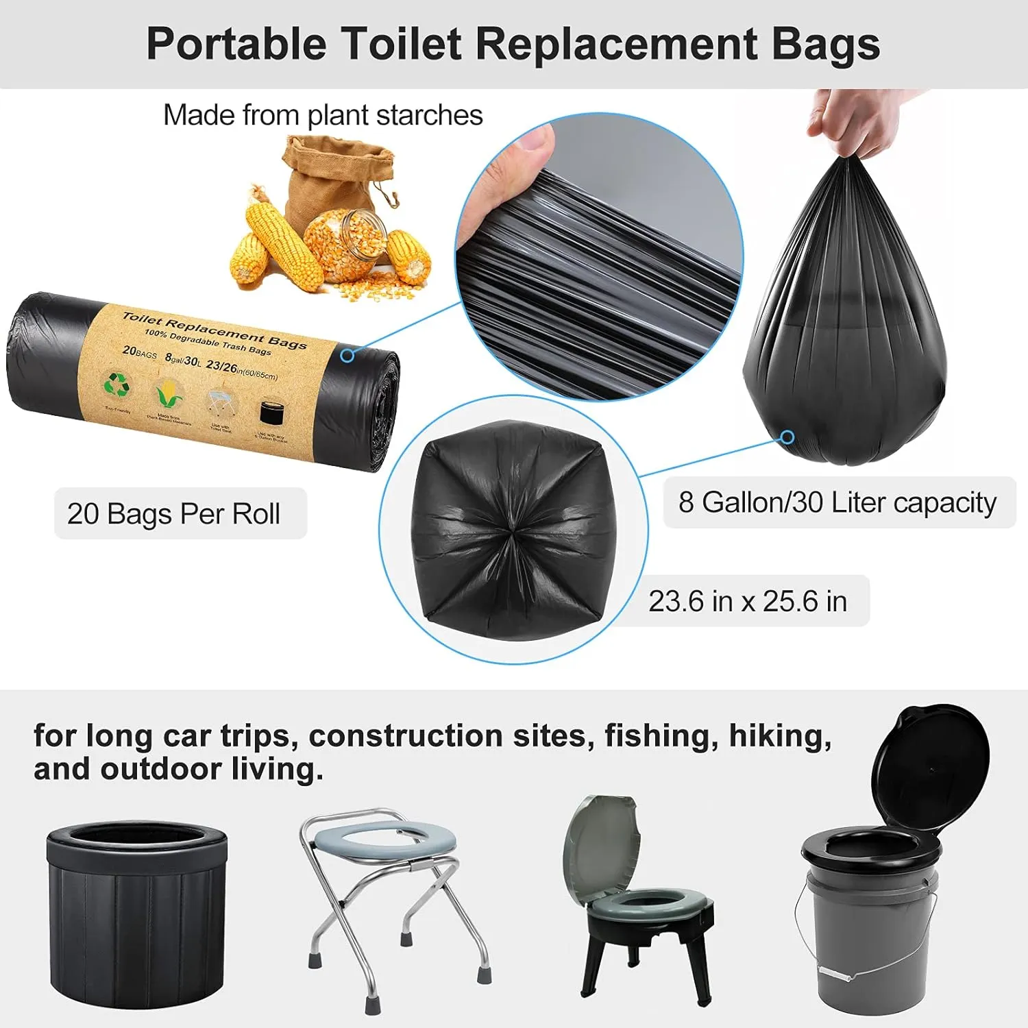 BLIKA 50 Count Toilet Replacement Bags, 8 Gallon, 30 Liter, Heavy Duty 1 Mil, Compost Bags 8 Gallon, Camping Toilet Bags for Portable Toilet, Car Travel, Camping, Long Trips