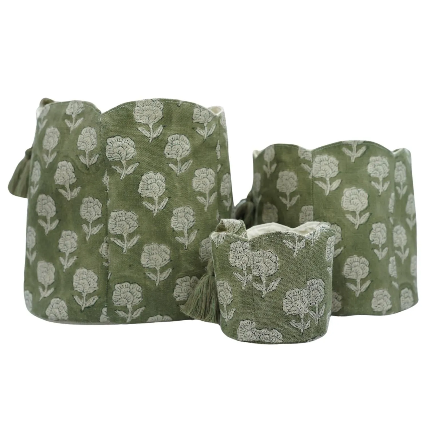 BLOCK PRINTED LINEN STORAGE BASKETS HANDMADE FLORAL ORGANIZERS - ROHINI PRINT