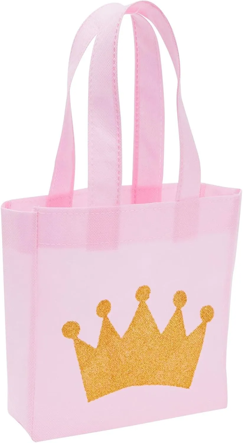 BLUE PANDA 24 Pack Princess-Themed Party Favor Bags for Girls, Pink Canvas Gift Bags for Birthday (6.5 x 7 x 2 in)
