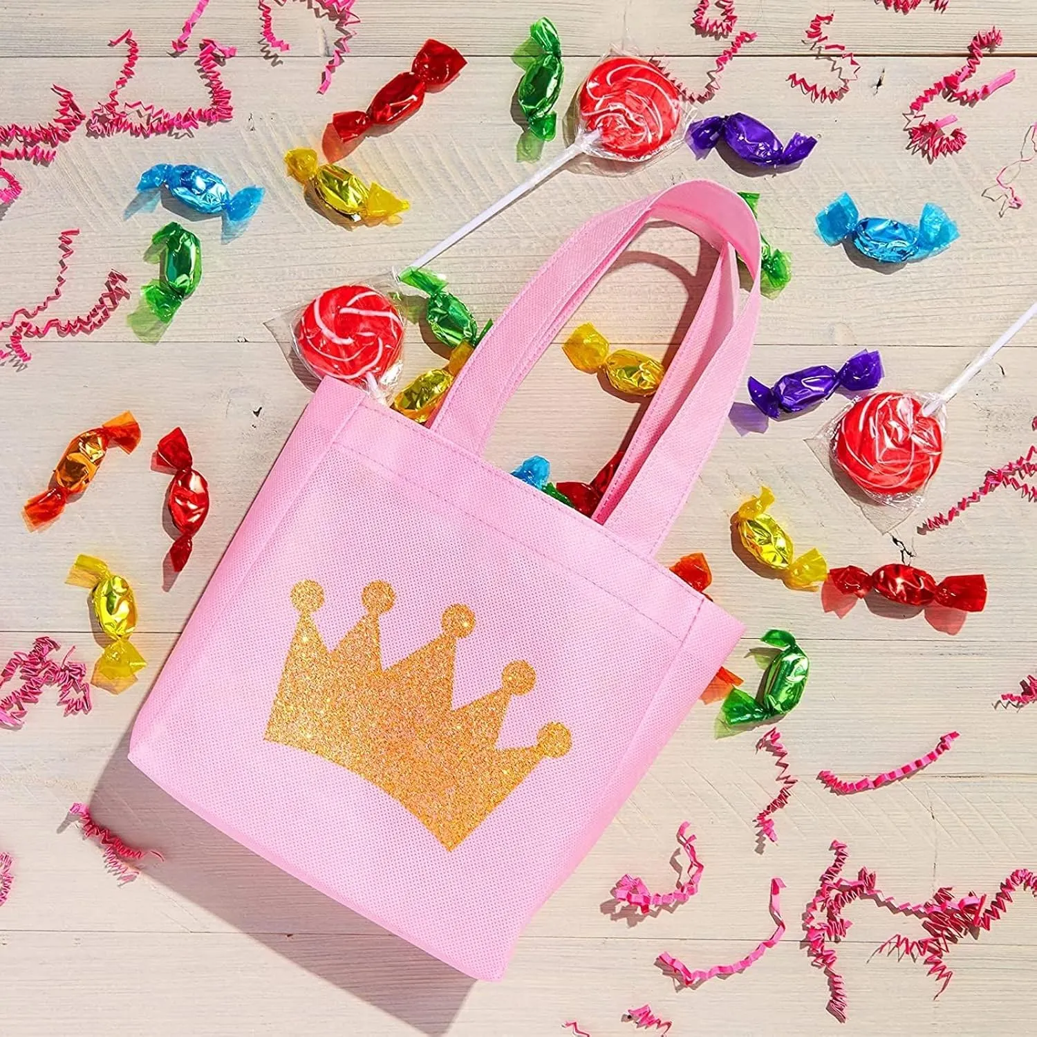 BLUE PANDA 24 Pack Princess-Themed Party Favor Bags for Girls, Pink Canvas Gift Bags for Birthday (6.5 x 7 x 2 in)