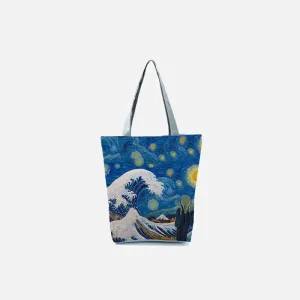 Blue Wavy Starry Night Tote Bag with Chic Cartoon Print