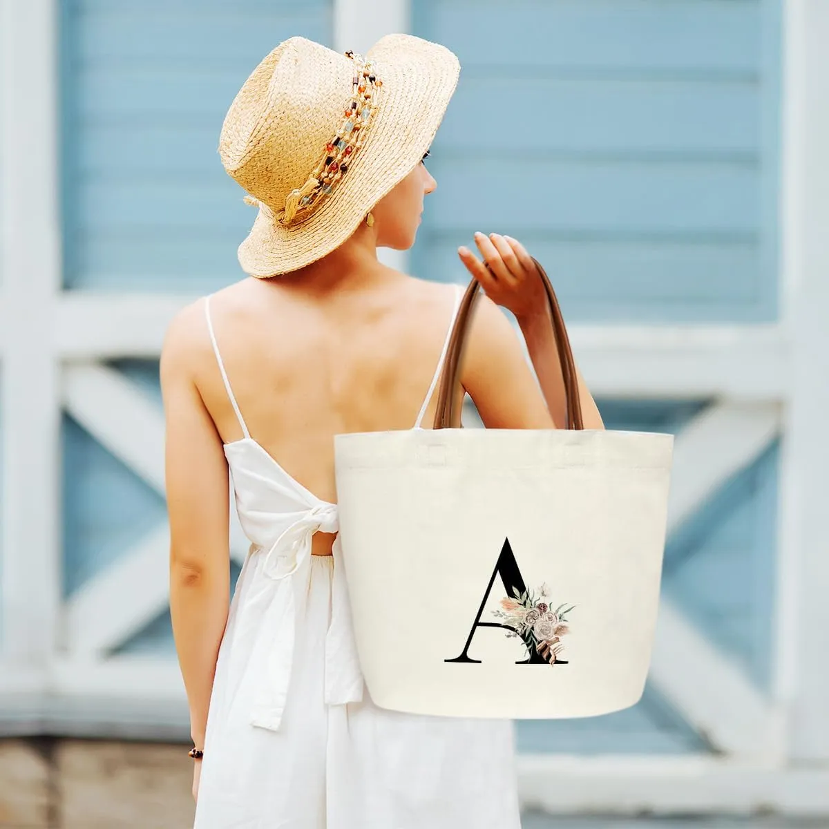 Boho Monogram Initial A Tote Bags for Women, Personalized Canvas Tote Bags Monogrammed Gifts for Women Birthday Wedding Gifts for Mom Sister Teacher Friend Bridesmaid, Beach Bag Shopping Handbag -ZM01