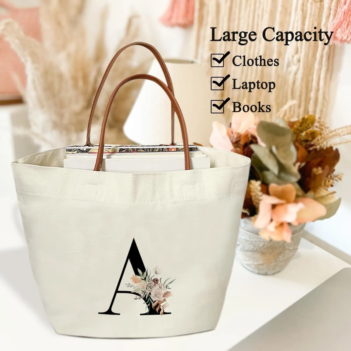 Boho Monogram Initial A Tote Bags for Women, Personalized Canvas Tote Bags Monogrammed Gifts for Women Birthday Wedding Gifts for Mom Sister Teacher Friend Bridesmaid, Beach Bag Shopping Handbag -ZM01