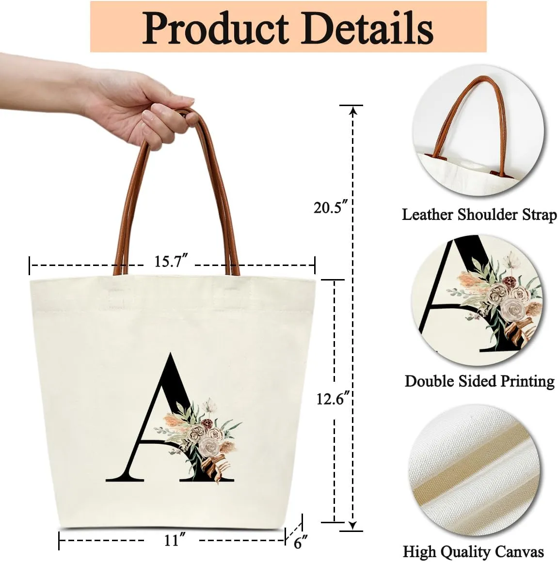 Boho Monogram Initial A Tote Bags for Women, Personalized Canvas Tote Bags Monogrammed Gifts for Women Birthday Wedding Gifts for Mom Sister Teacher Friend Bridesmaid, Beach Bag Shopping Handbag -ZM01