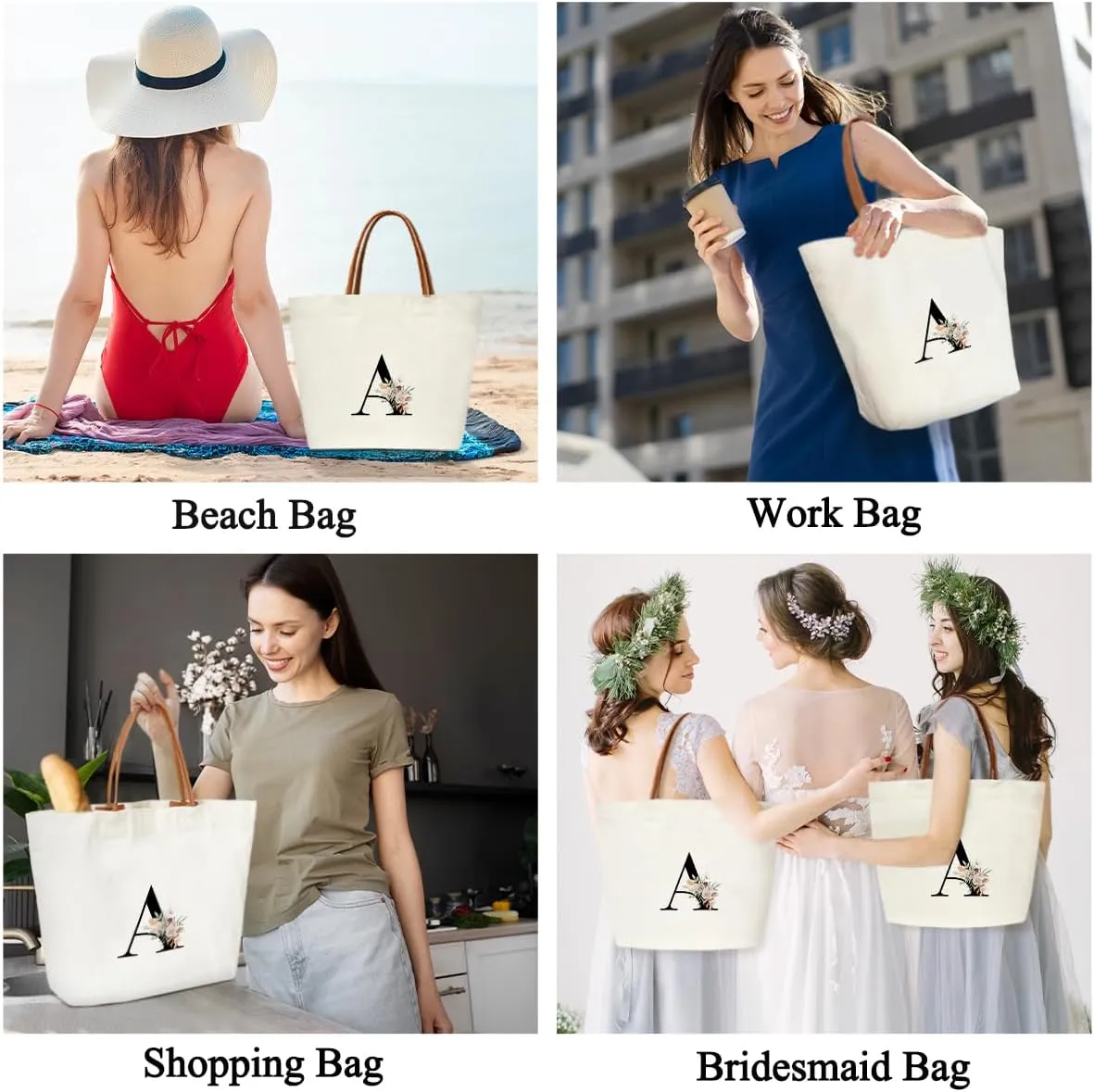 Boho Monogram Initial A Tote Bags for Women, Personalized Canvas Tote Bags Monogrammed Gifts for Women Birthday Wedding Gifts for Mom Sister Teacher Friend Bridesmaid, Beach Bag Shopping Handbag -ZM01