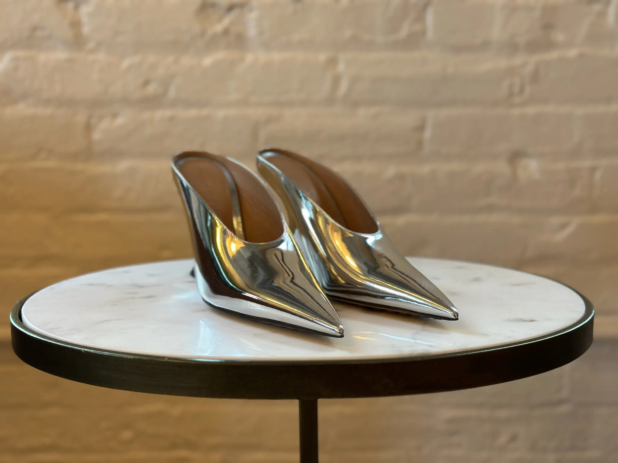 Bottega Veneta Metallic Silver Rocket Wedge Mules | Muse Boutique