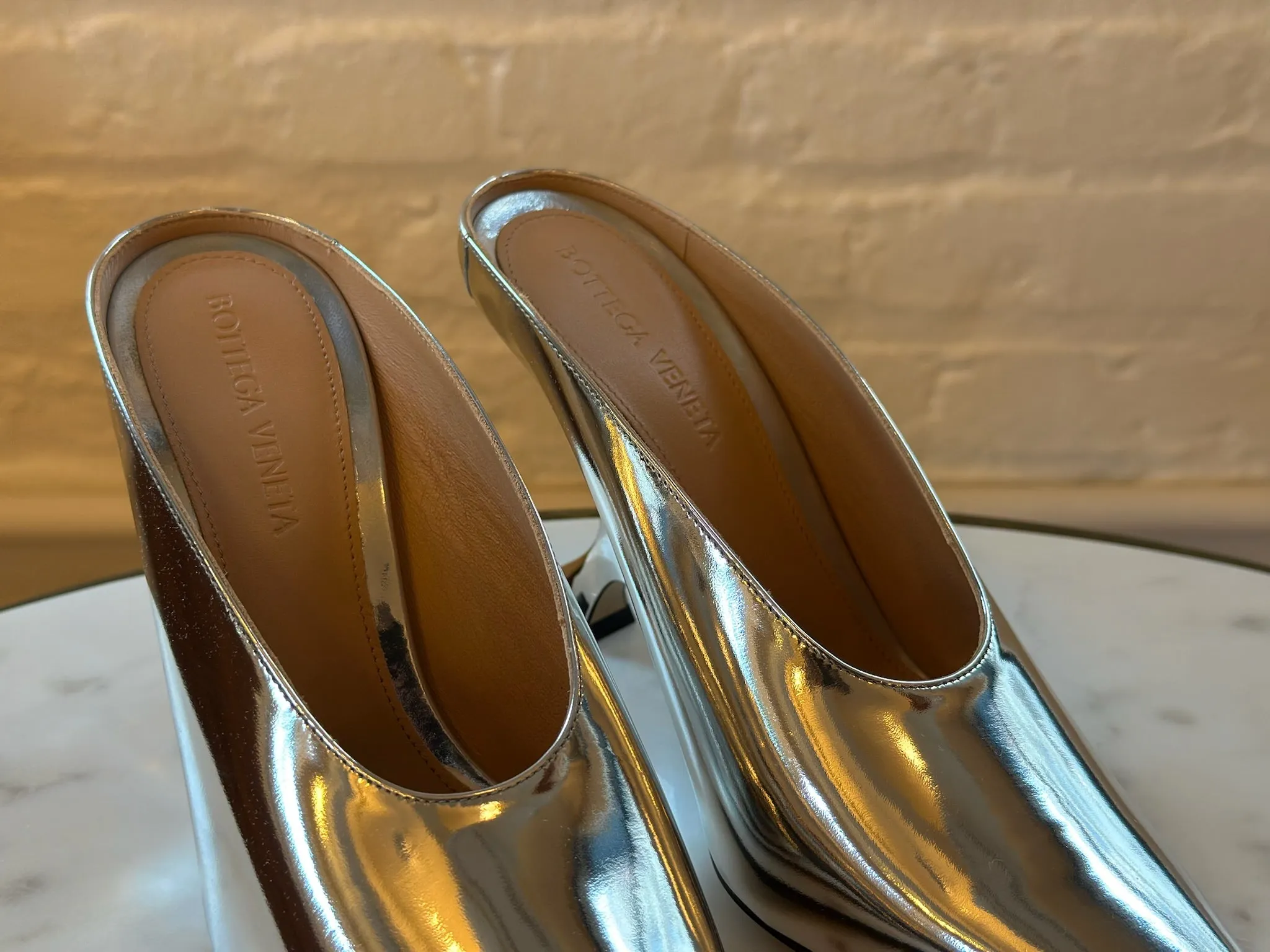Bottega Veneta Metallic Silver Rocket Wedge Mules | Muse Boutique