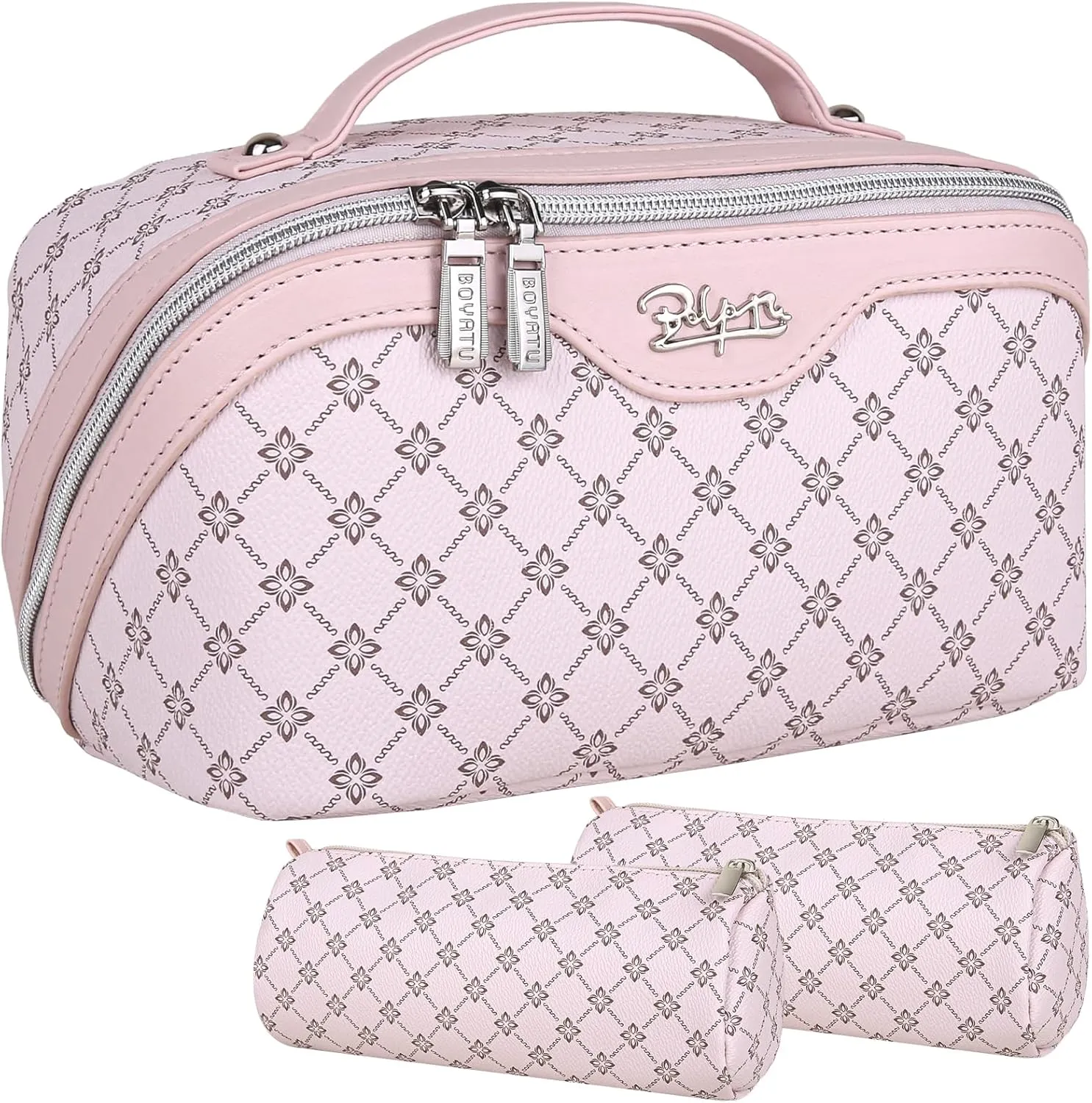 BOYATU Travel Makeup Bag Cosmetic Bags for Women: Large Make up Bags Set of 3 - Portable Makeup Organizer with Compartments&Handle&Divider - Waterproof PU Leather Toiletry Bag(01-Pink)