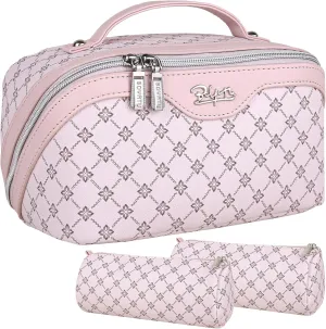 BOYATU Travel Makeup Bag Cosmetic Bags for Women: Large Make up Bags Set of 3 - Portable Makeup Organizer with Compartments&Handle&Divider - Waterproof PU Leather Toiletry Bag(01-Pink)