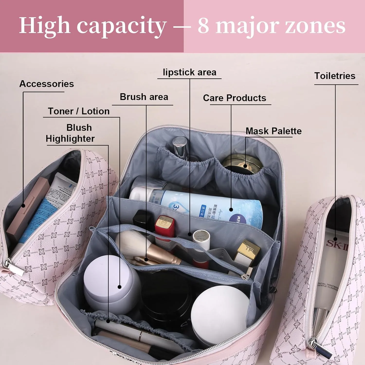 BOYATU Travel Makeup Bag Cosmetic Bags for Women: Large Make up Bags Set of 3 - Portable Makeup Organizer with Compartments&Handle&Divider - Waterproof PU Leather Toiletry Bag(01-Pink)