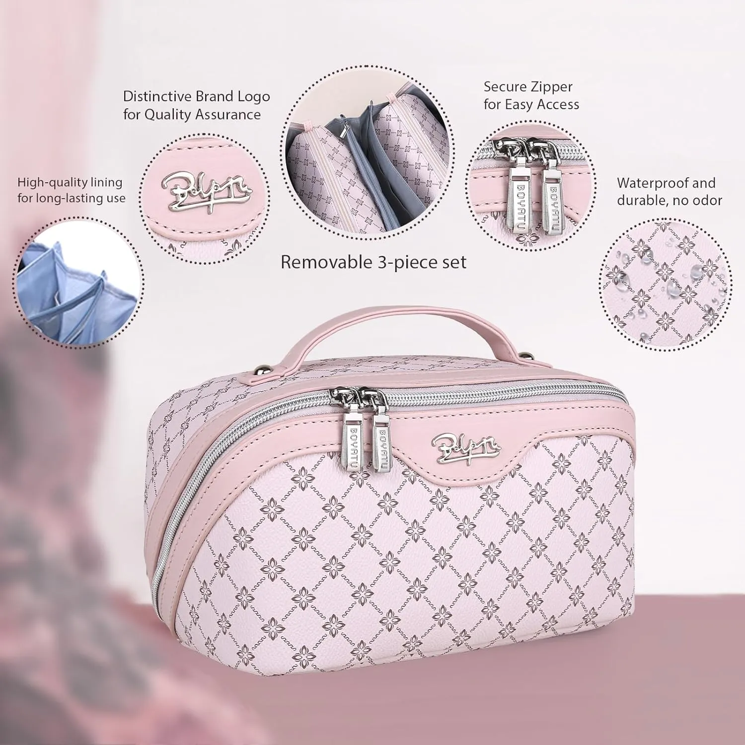 BOYATU Travel Makeup Bag Cosmetic Bags for Women: Large Make up Bags Set of 3 - Portable Makeup Organizer with Compartments&Handle&Divider - Waterproof PU Leather Toiletry Bag(01-Pink)