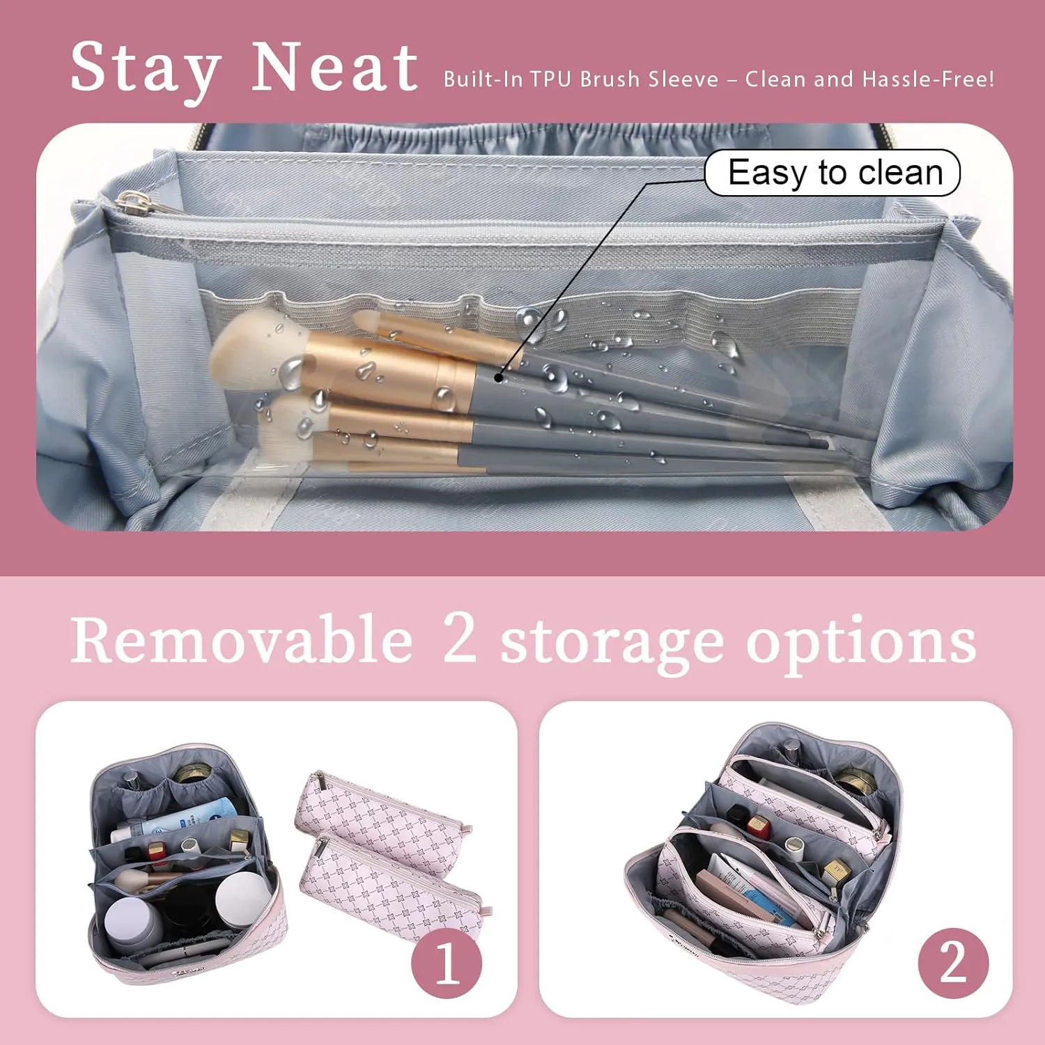 BOYATU Travel Makeup Bag Cosmetic Bags for Women: Large Make up Bags Set of 3 - Portable Makeup Organizer with Compartments&Handle&Divider - Waterproof PU Leather Toiletry Bag(01-Pink)