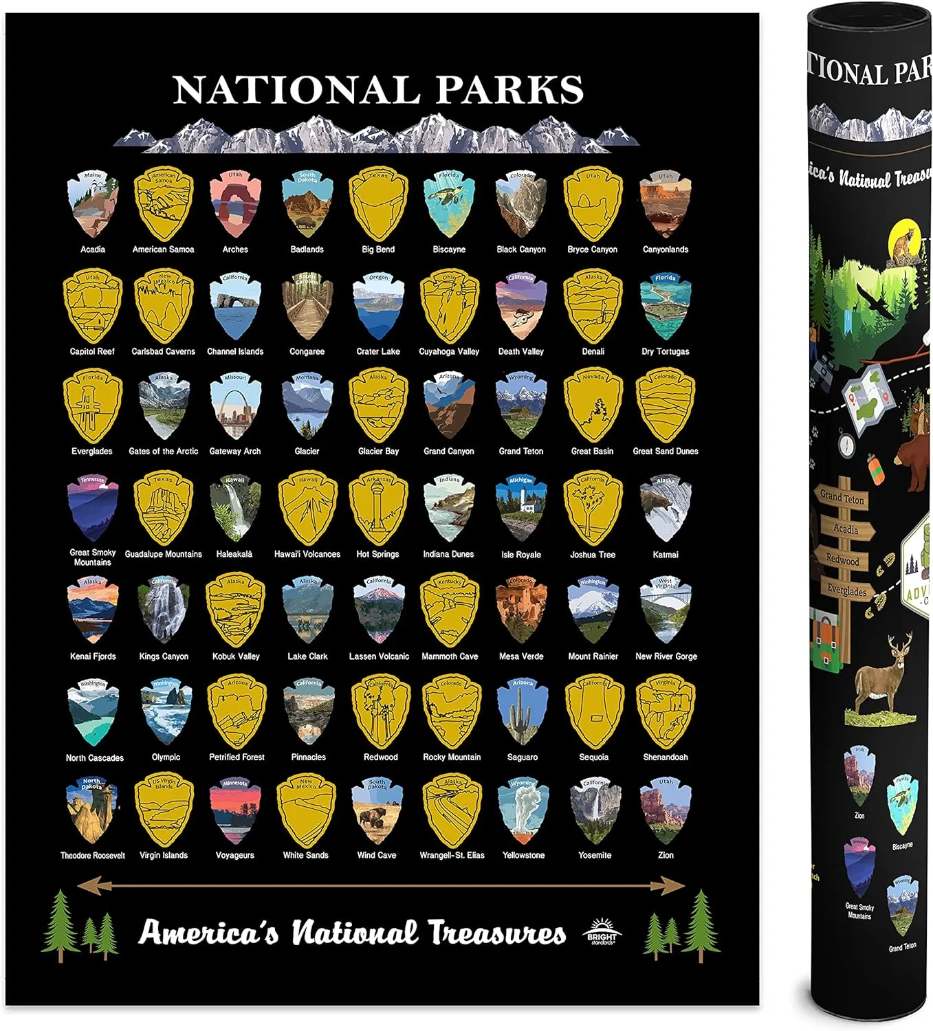 Bright Standards National Parks Scratch Off Map of United States Poster, ALL 63 National Parks Map, US Travel Maps, USA Gifts for Travelers Road Trip Adventure, Fits 12”x16” frame (Black/Gold)