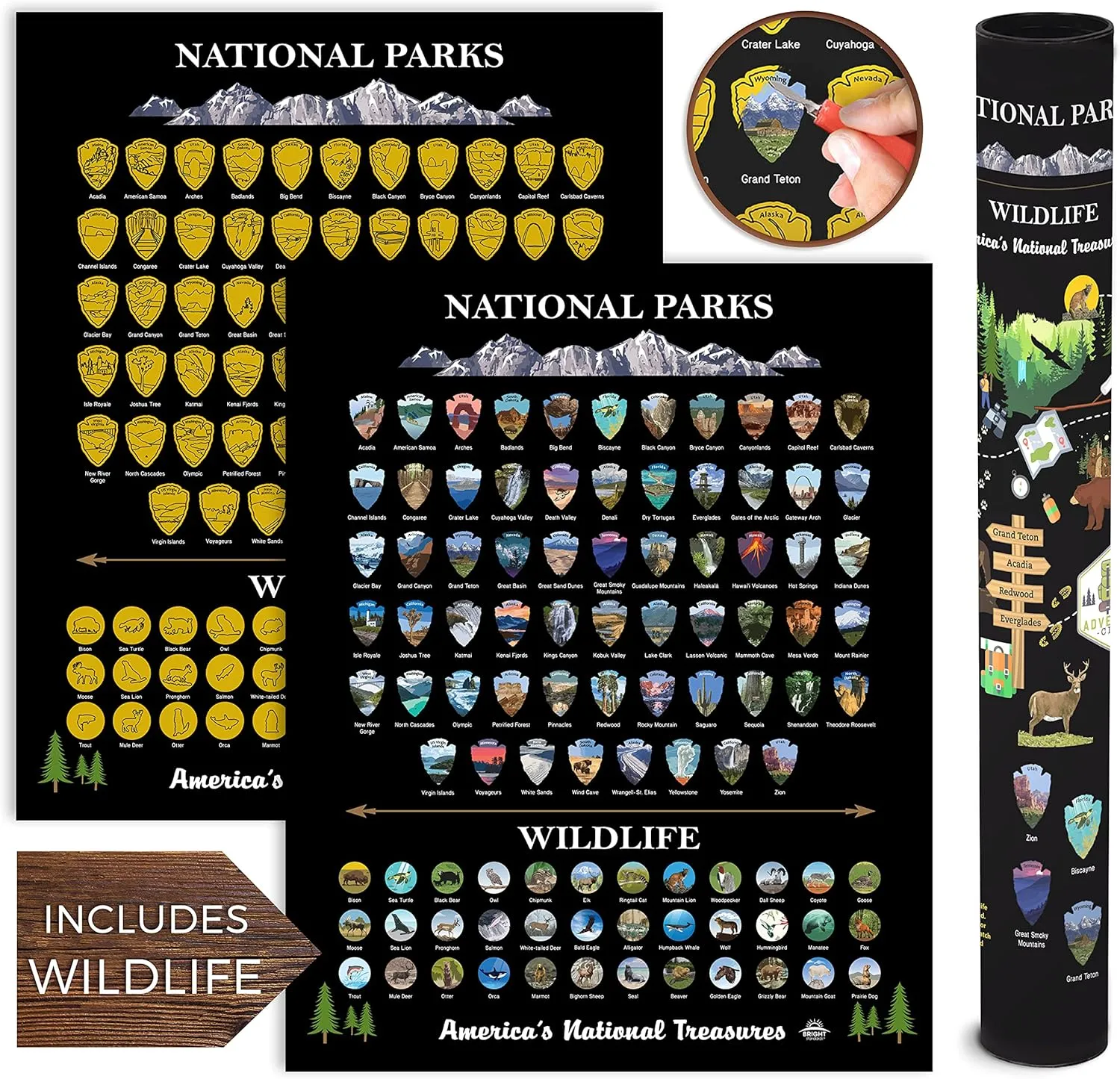 Bright Standards National Parks Scratch Off Map of United States Poster [Includes Wildlife], National Parks Map, US Travel Maps, USA Gifts for Travelers Road Trip Adventure, Fits 16”x20” frame