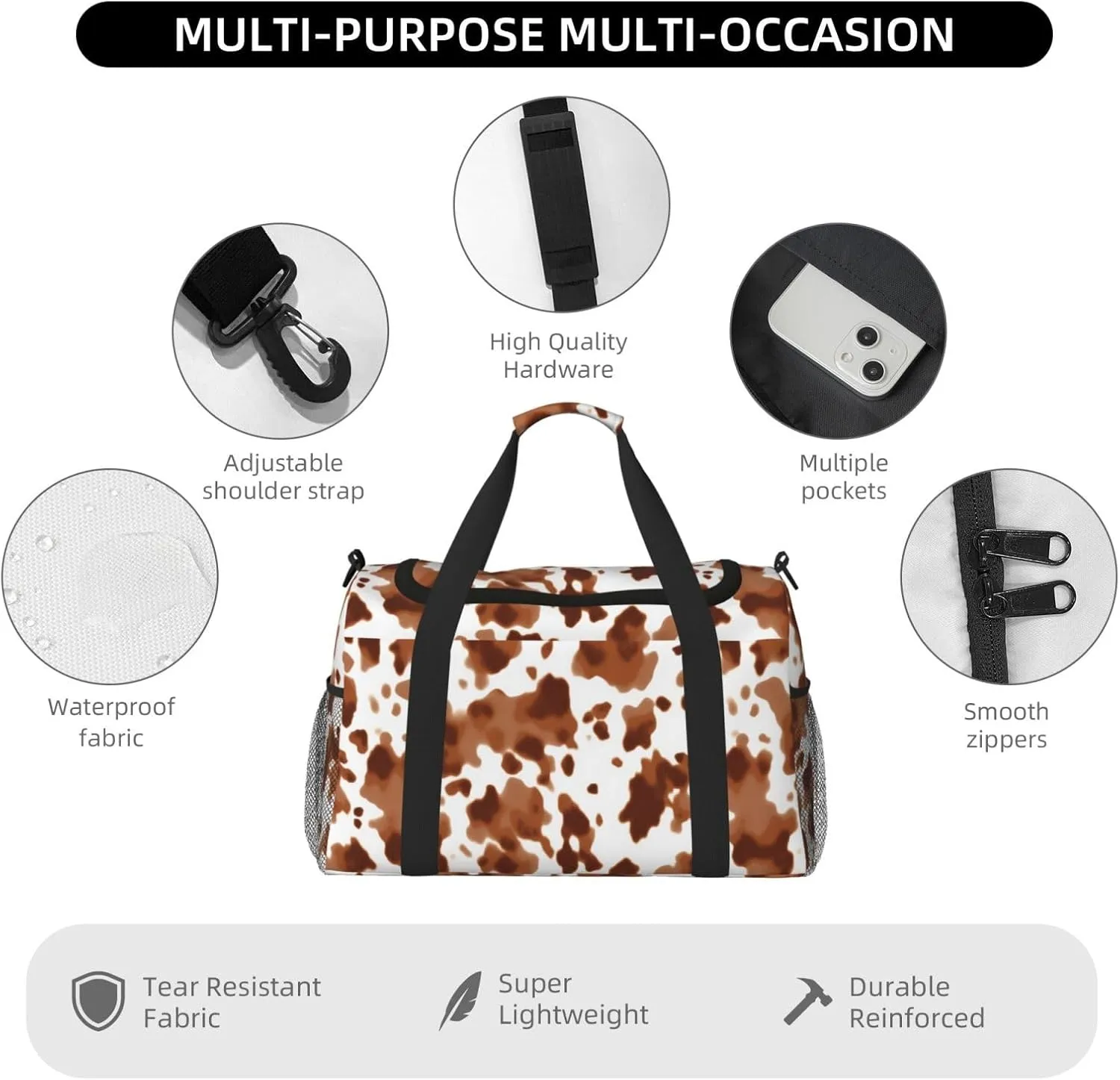 Brown Cow Print Travel Weekender Overnight Bags Foldable Hand Travel Bag Sport Gym Duffel Bag For Men Women