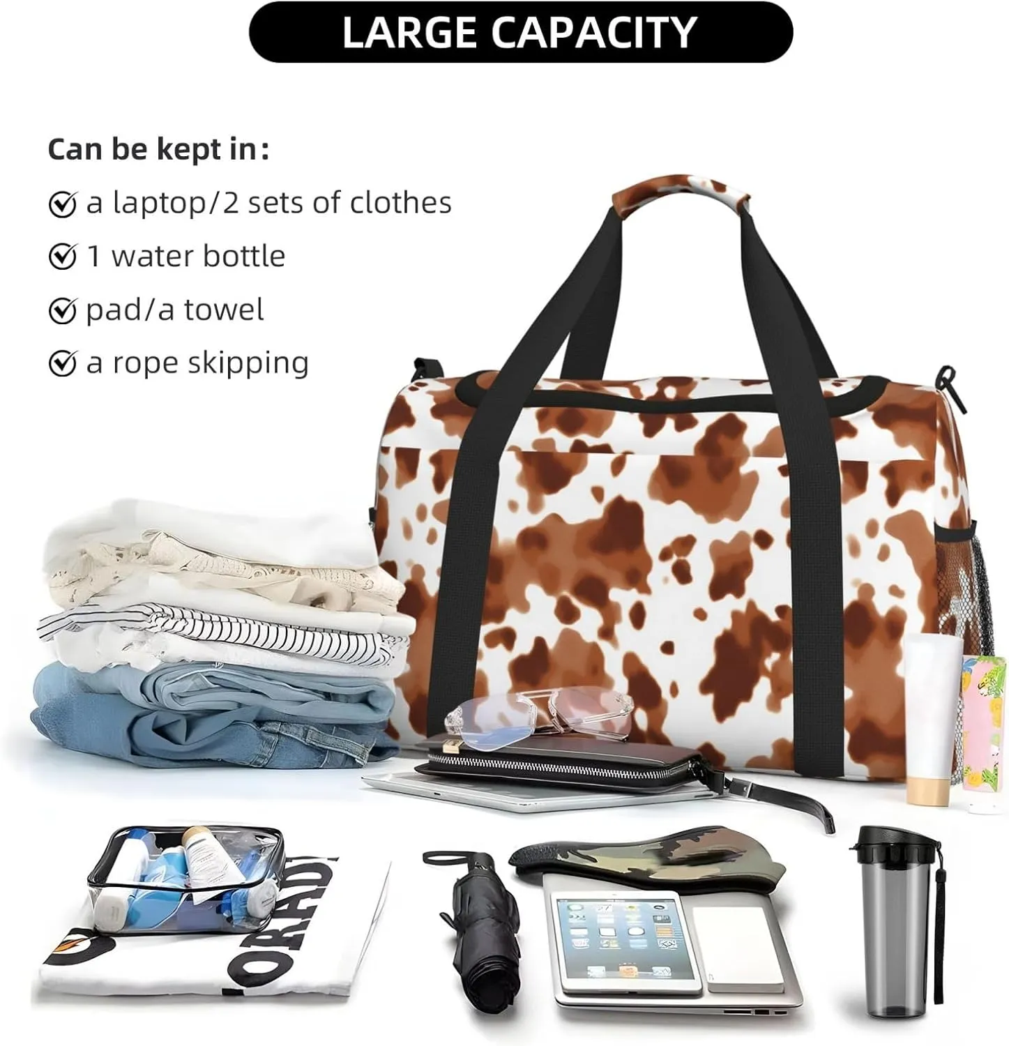 Brown Cow Print Travel Weekender Overnight Bags Foldable Hand Travel Bag Sport Gym Duffel Bag For Men Women