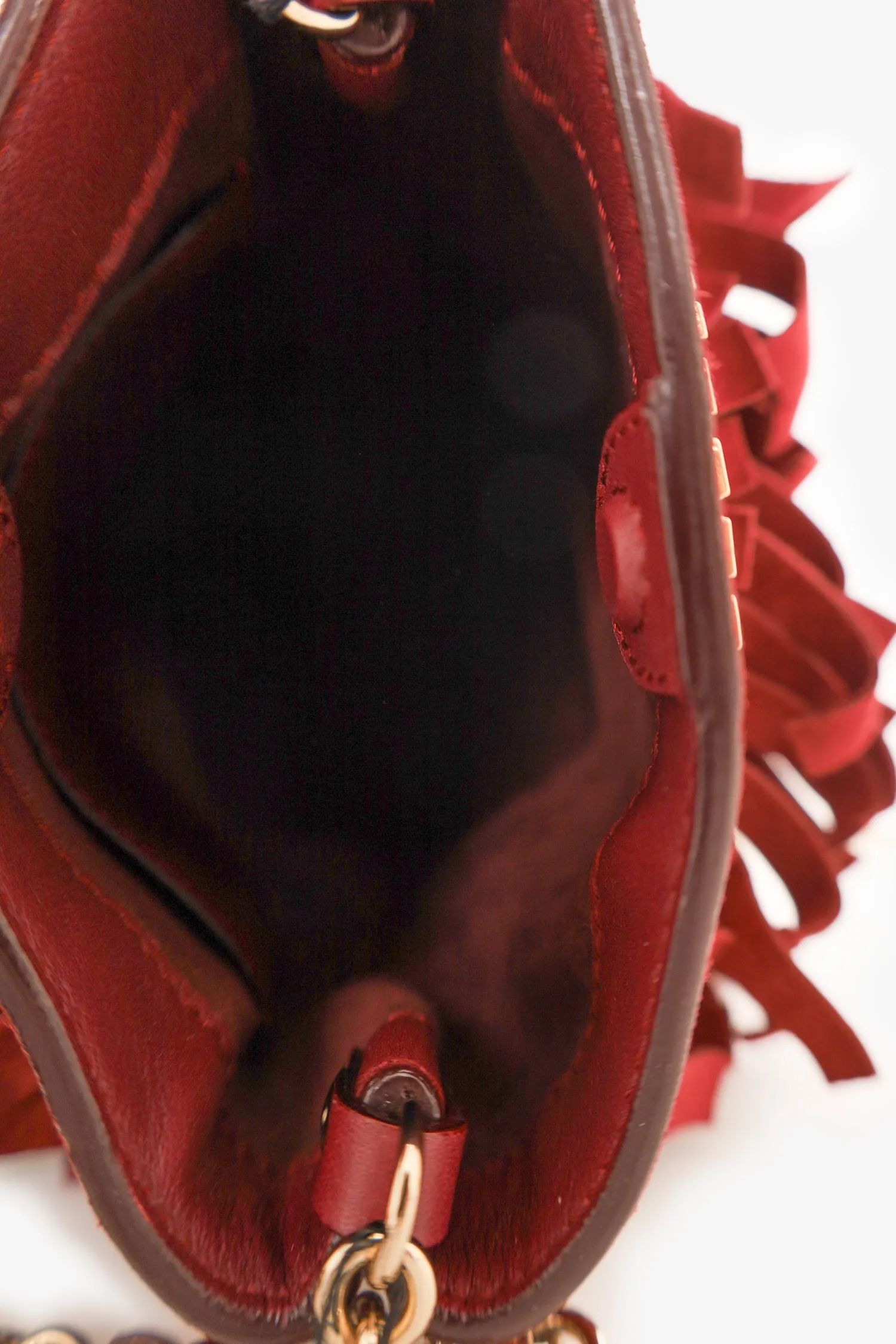 Burberry Burgundy 'Suede Baby' Fringe Crossbody Bucket Bag