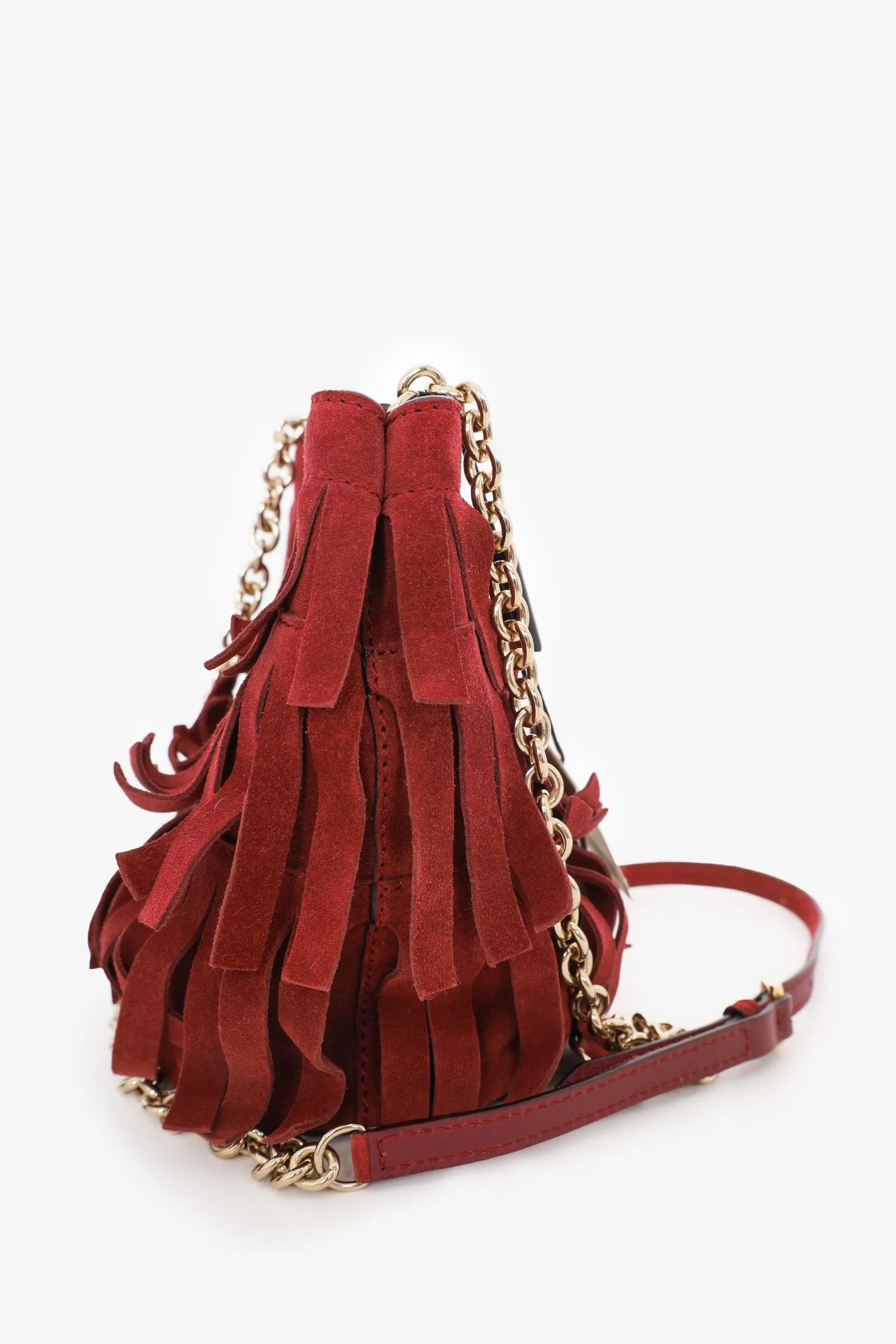 Burberry Burgundy 'Suede Baby' Fringe Crossbody Bucket Bag