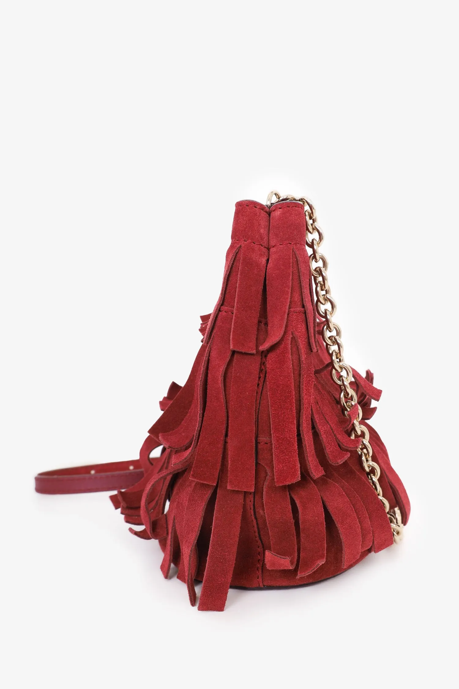 Burberry Burgundy 'Suede Baby' Fringe Crossbody Bucket Bag