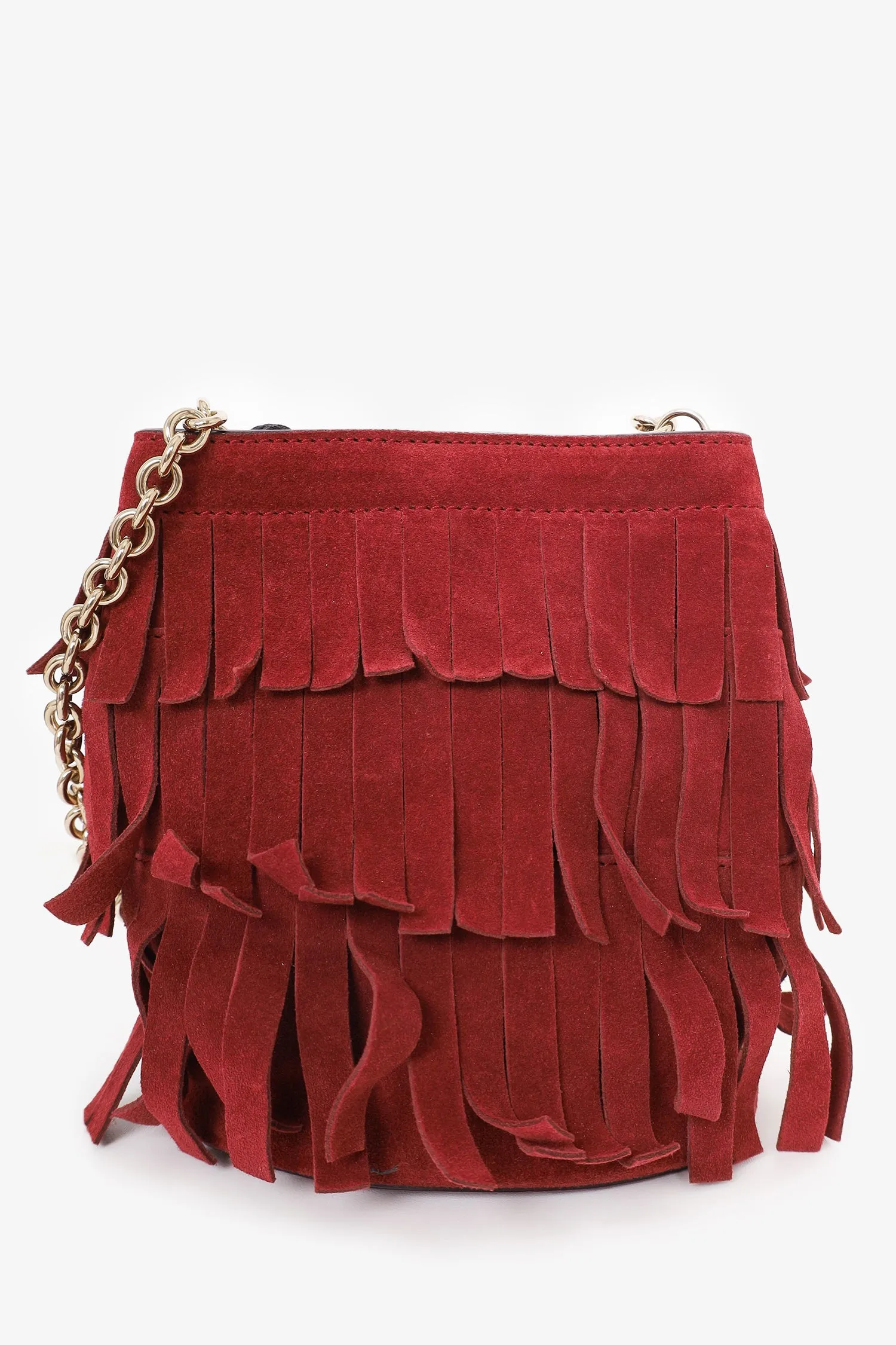 Burberry Burgundy 'Suede Baby' Fringe Crossbody Bucket Bag