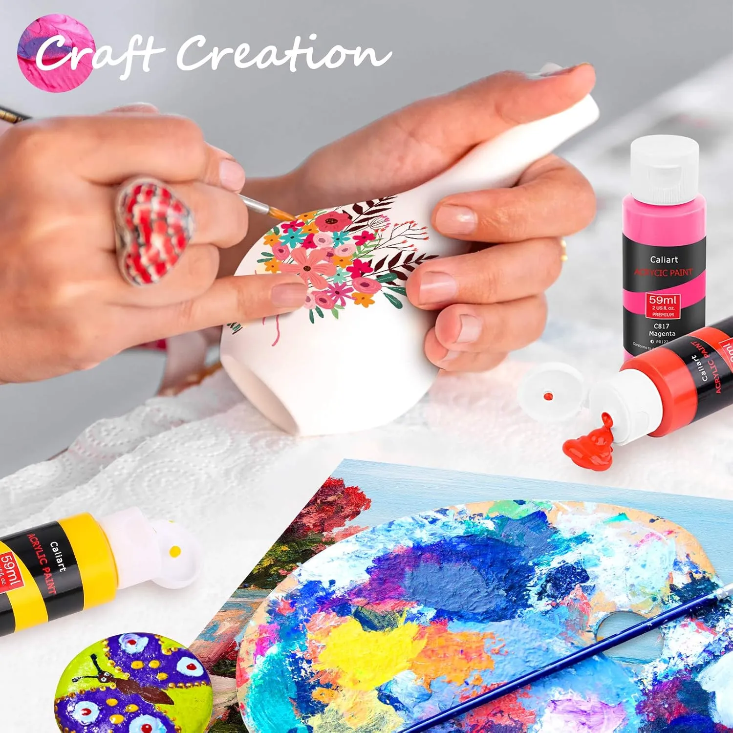 Caliart Acrylic Paint Set With 4 Brushes, 52 Colors (59ml, 2oz) Art Craft Paints for Artists Kids Students Beginners & Painters, Canvas Halloween Pumpkin Ceramic Wood Rock Painting Art Supplies Kit