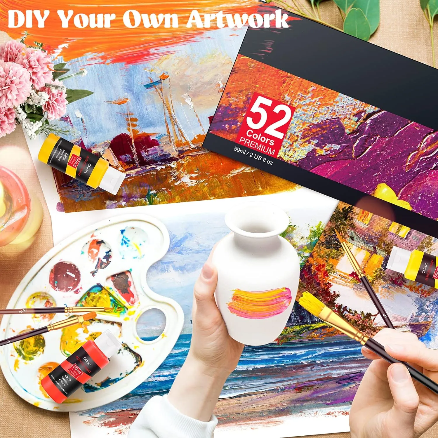Caliart Acrylic Paint Set With 4 Brushes, 52 Colors (59ml, 2oz) Art Craft Paints for Artists Kids Students Beginners & Painters, Canvas Halloween Pumpkin Ceramic Wood Rock Painting Art Supplies Kit