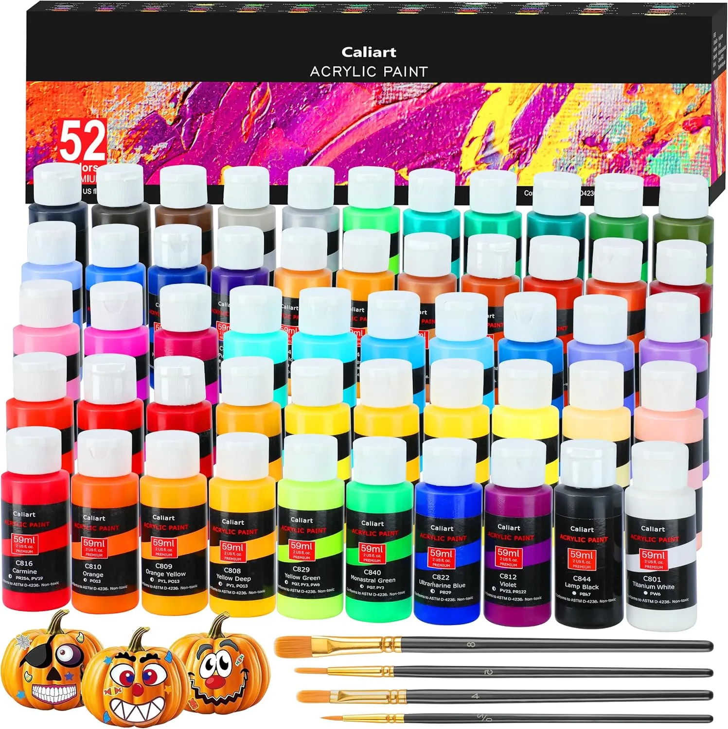 Caliart Acrylic Paint Set With 4 Brushes, 52 Colors (59ml, 2oz) Art Craft Paints for Artists Kids Students Beginners & Painters, Canvas Halloween Pumpkin Ceramic Wood Rock Painting Art Supplies Kit