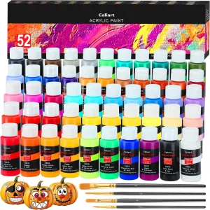 Caliart Acrylic Paint Set With 4 Brushes, 52 Colors (59ml, 2oz) Art Craft Paints for Artists Kids Students Beginners & Painters, Canvas Halloween Pumpkin Ceramic Wood Rock Painting Art Supplies Kit