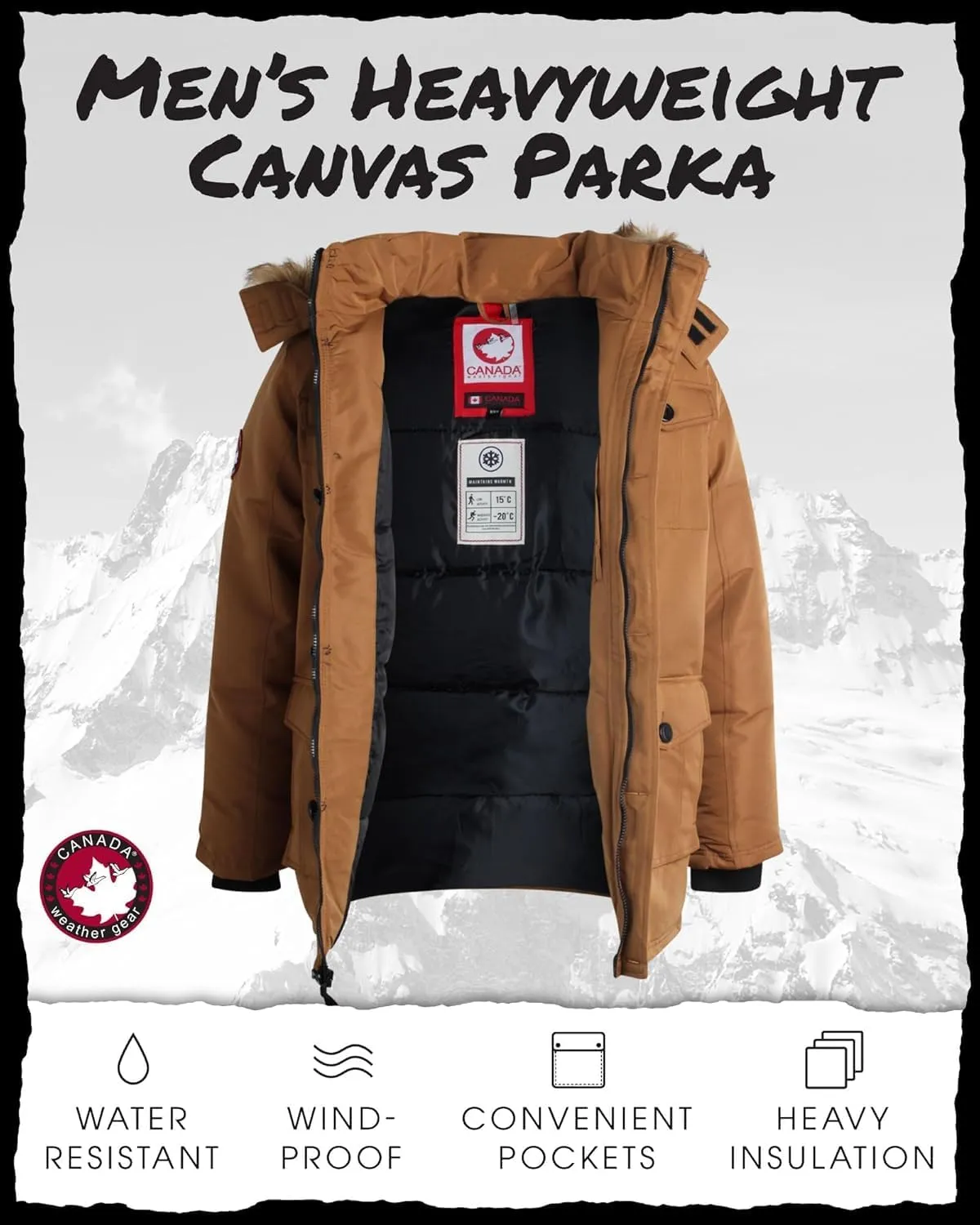 CANADA WEATHER GEAR Men's Winter Coat - Heavyweight Teflon Canvas Parka Jacket (M-XXL)