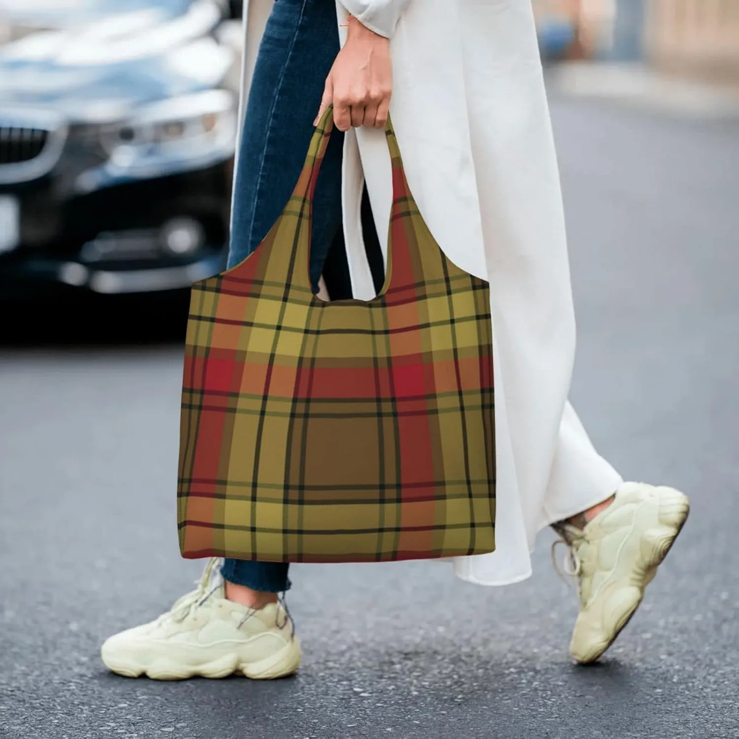 Canvas Shoulder Tote Bags For Women And Men, Reusable Grocery Bags, Large Capacity Clelland Modern Tartan Printed