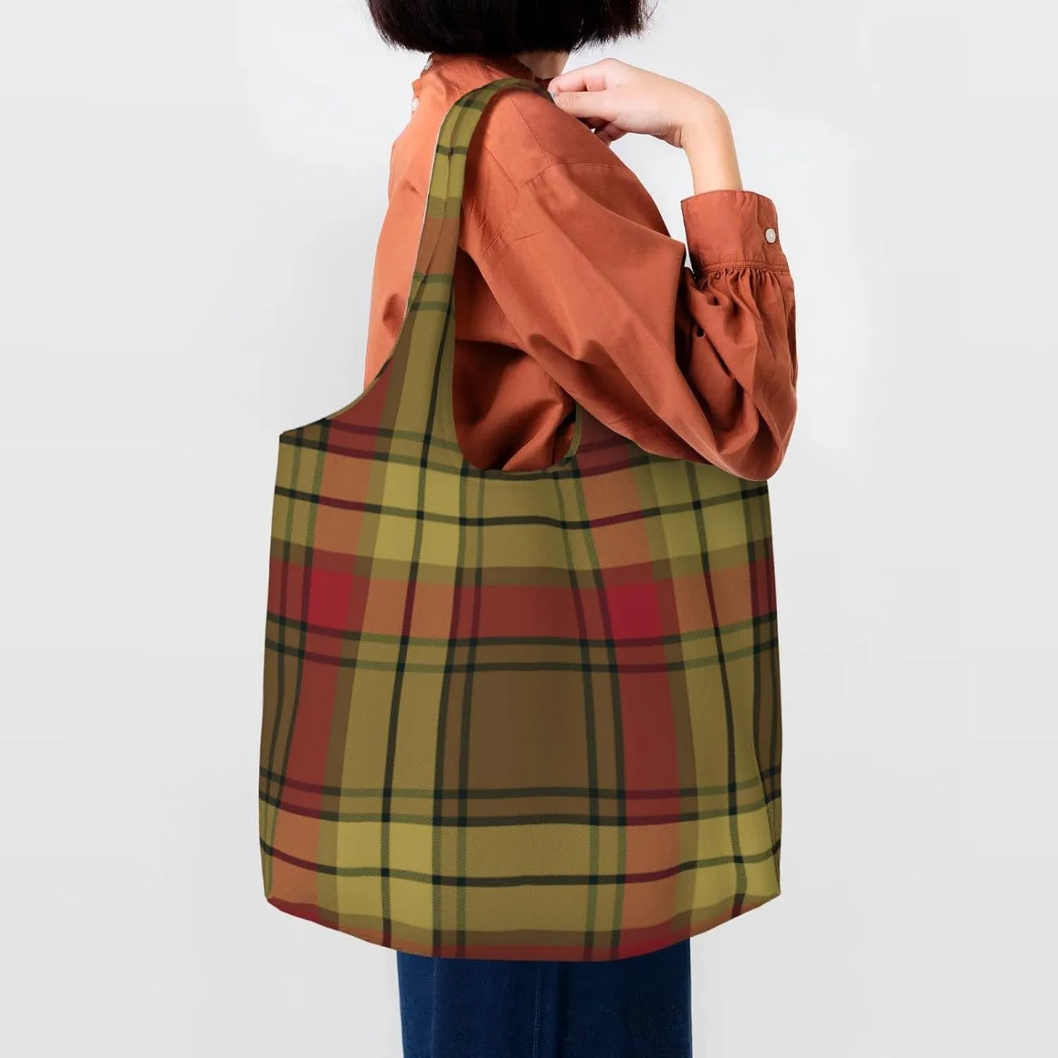 Canvas Shoulder Tote Bags For Women And Men, Reusable Grocery Bags, Large Capacity Clelland Modern Tartan Printed