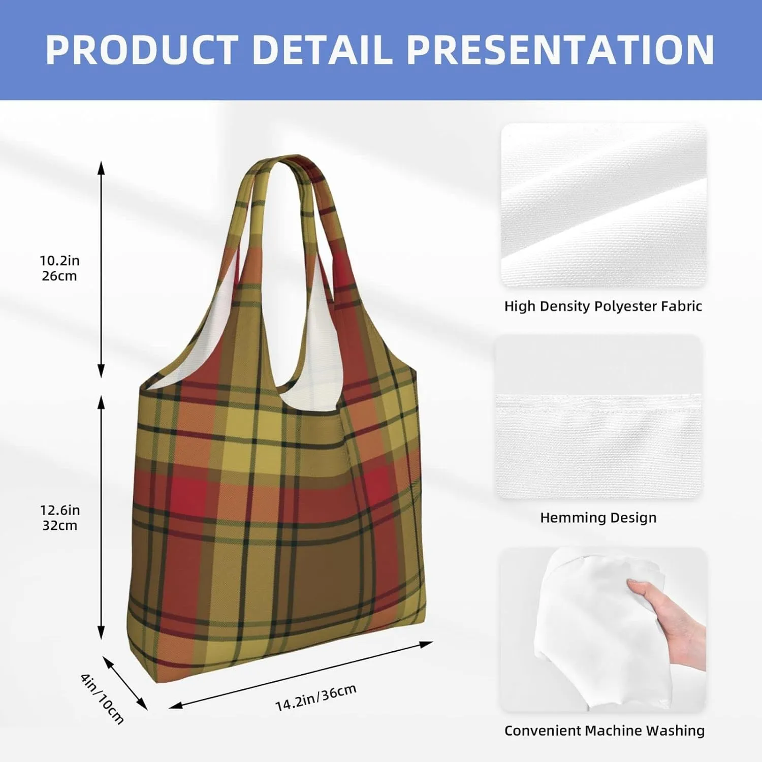 Canvas Shoulder Tote Bags For Women And Men, Reusable Grocery Bags, Large Capacity Clelland Modern Tartan Printed