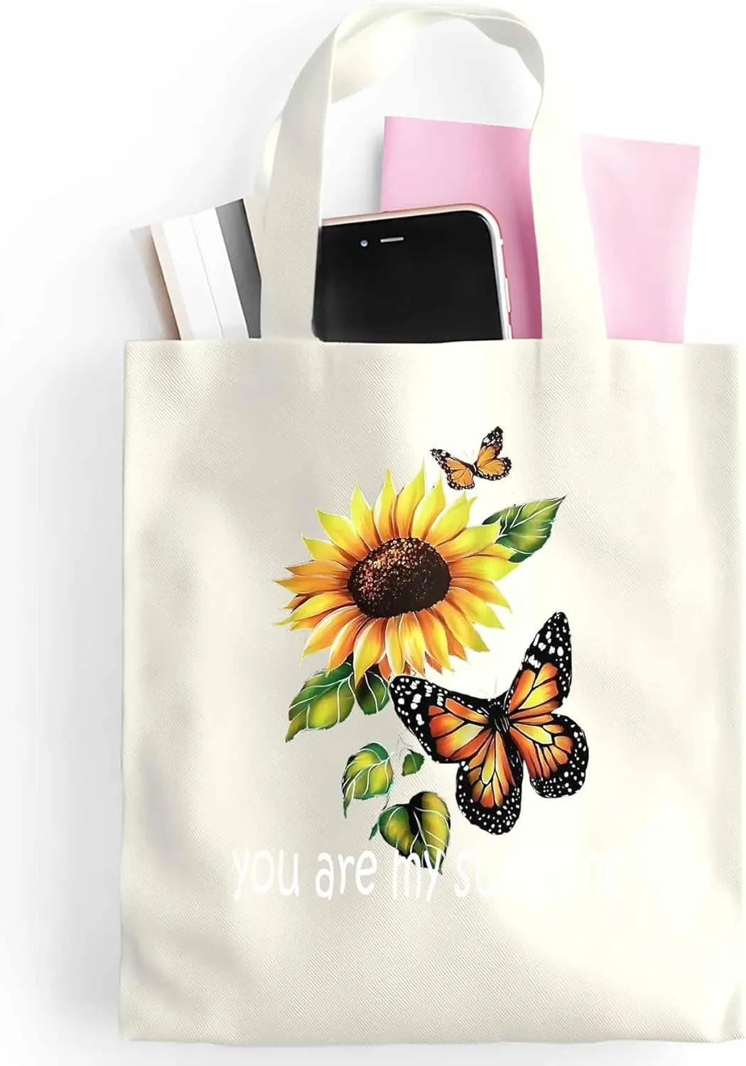 Canvas Tote Bag Butterfly Sunflower Watercolor Reusable Grocery Shopping Bags Sunshine Quote Large Canvas